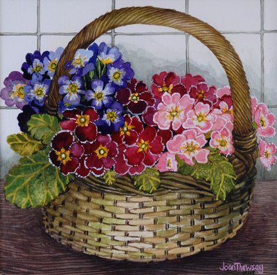 Red Mauve and Pink Primroses in a Basket 2012 by Joan Thewsey